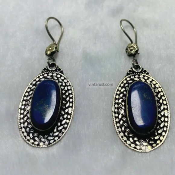 Traditional Lapis Lazuli Earrings: Oval Blue Gemstone Earrings Gift for Her - Picture 6 of 7